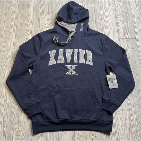 Xavier Musketeers Logo Hoodie Men’s M Blue Stadium Athletics Sewn Letters  New - Picture 1 of 12